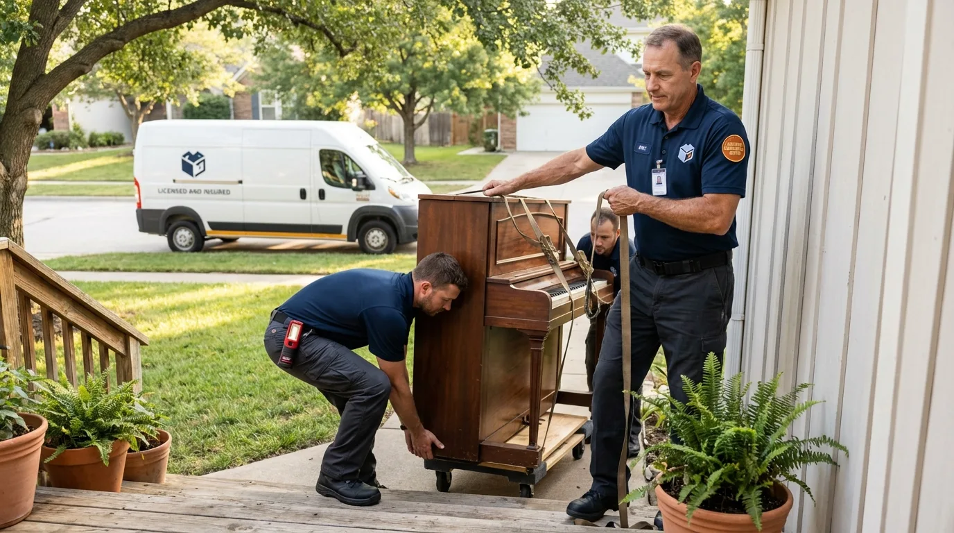 Licensed piano movers securing grand piano in Citra, FL